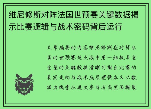 维尼修斯对阵法国世预赛关键数据揭示比赛逻辑与战术密码背后运行